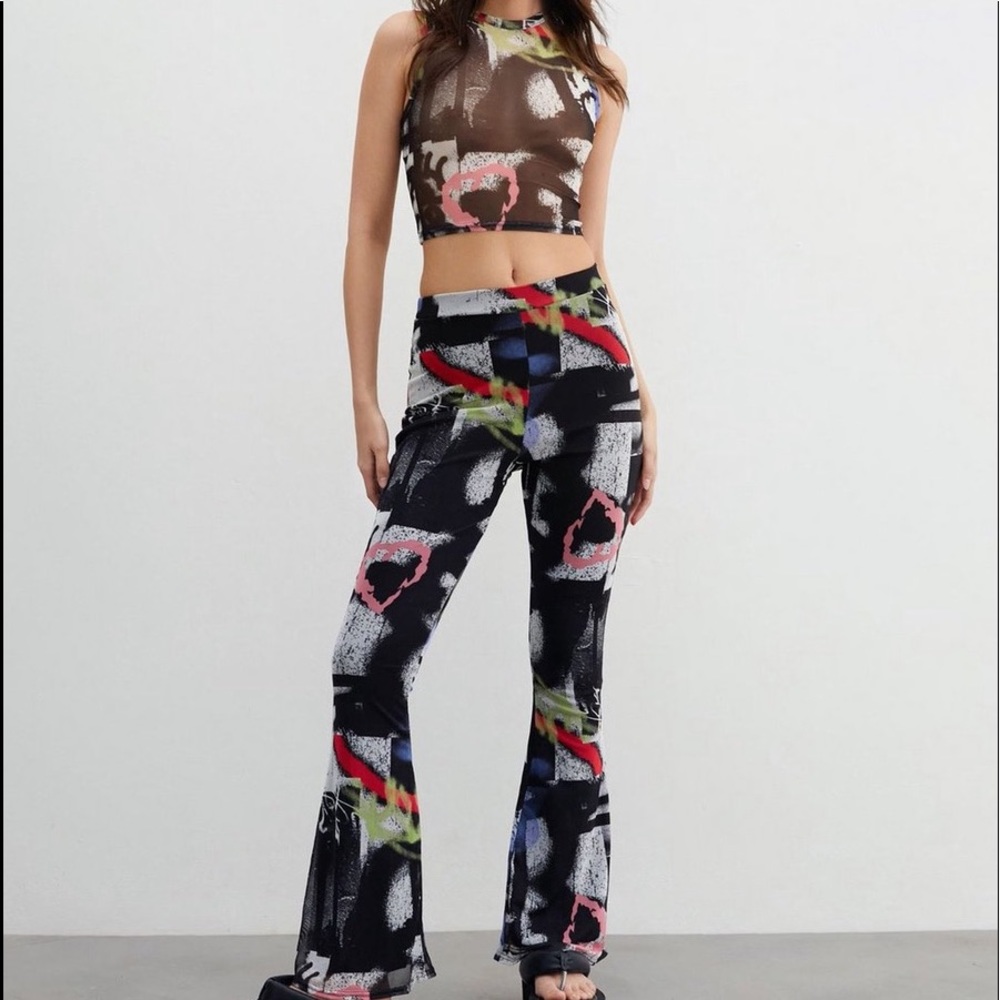 Nasty gal graffiti mesh flare pants size 10.